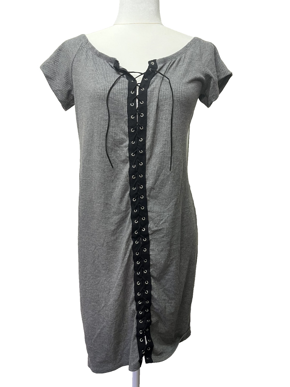 Women's Arabella Size 2X Ribbed Gray T Shirt Dress Front Tie 32" Length